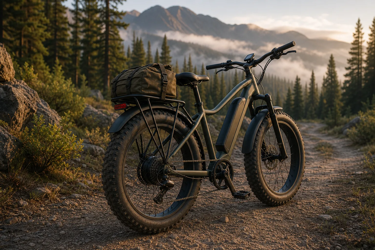how far can a hunting ebike go on one charge — fat-tire hunting e-bike loaded with gear on a backcountry trail