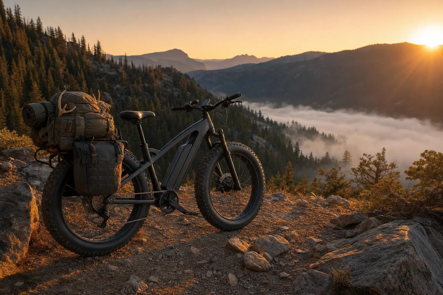 ebike for hunting mountains — fat-tire electric hunting bike on a rocky backcountry route at dawn
