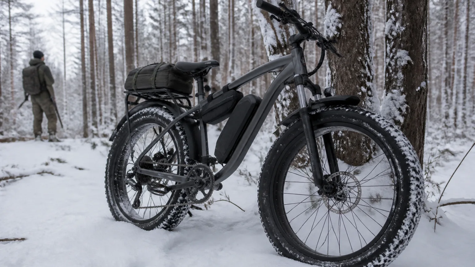 Hunting e-bike parked in snow with a 48V lithium-ion battery, cold weather conditions