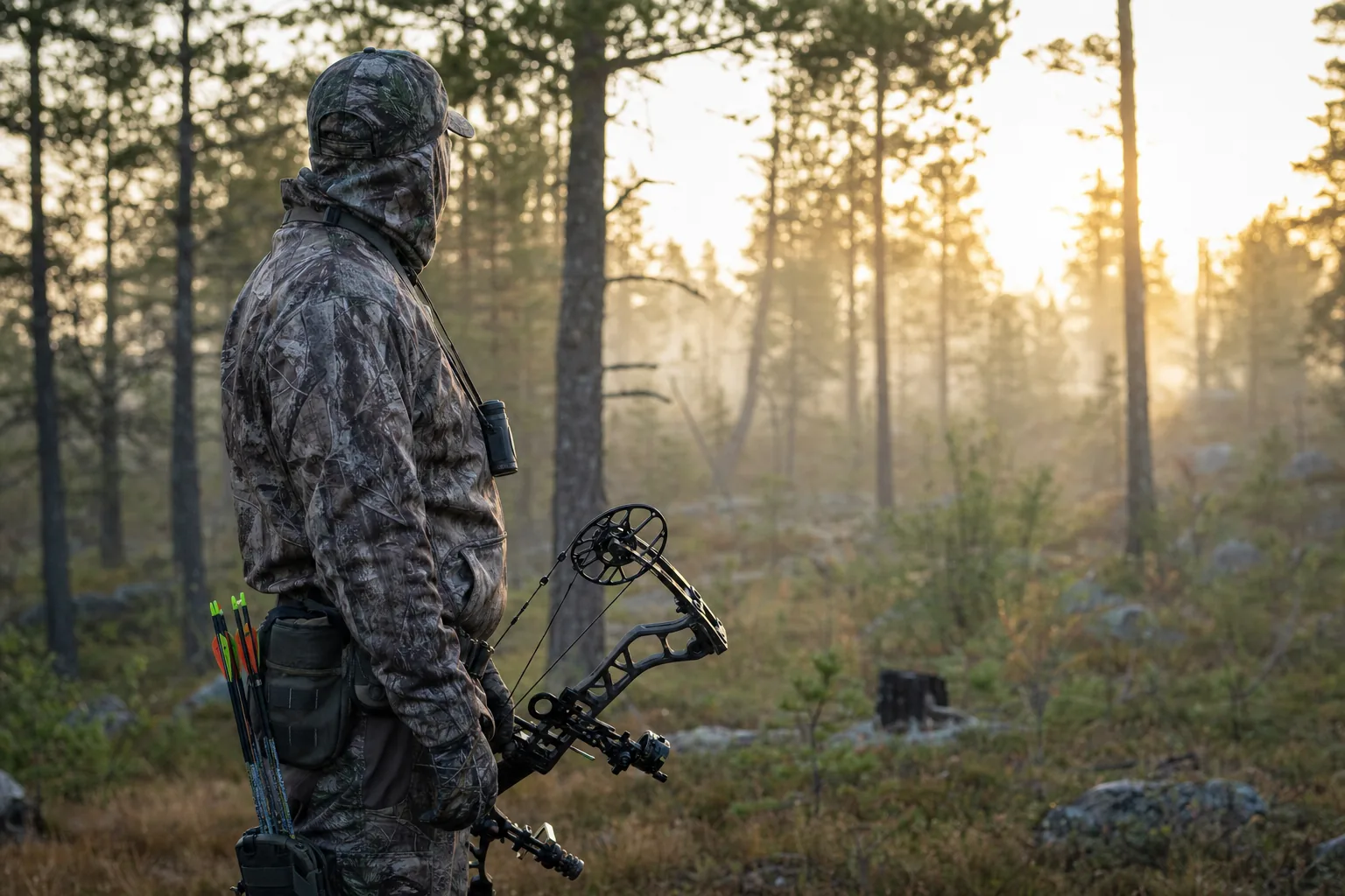 Archery hunting accessories guide — bow hunter with compound bow, quiver, and rangefinder in the field at dawn