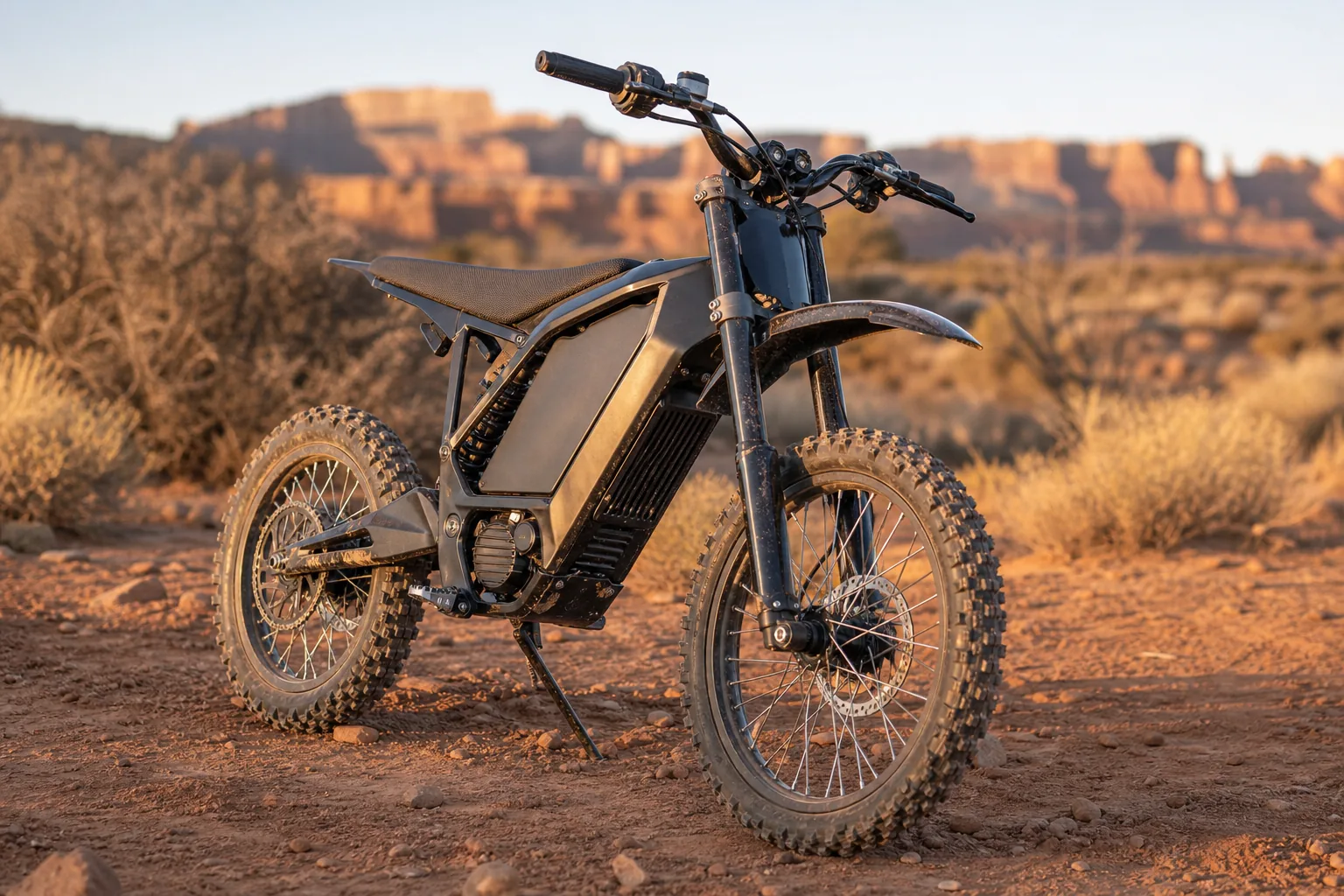 Budget friendly electric dirt bike on a desert trail at golden hour