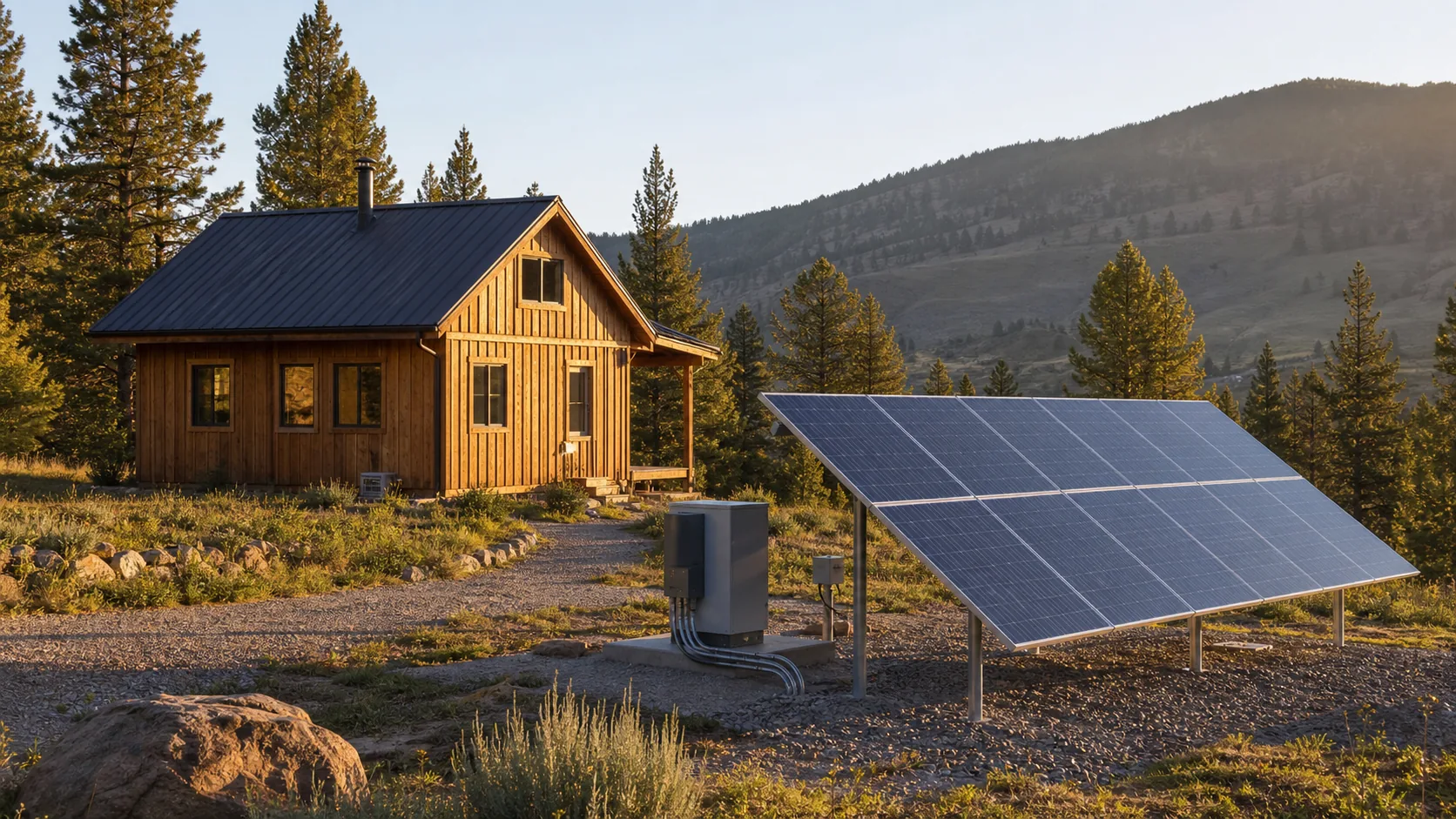 solar panels buying guide: generic off-grid cabin and ground-mounted solar array