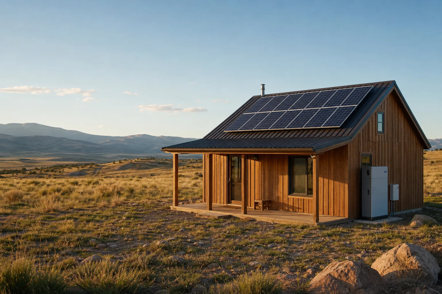 Illustrative remote cabin with rooftop solar panels and energy equipment