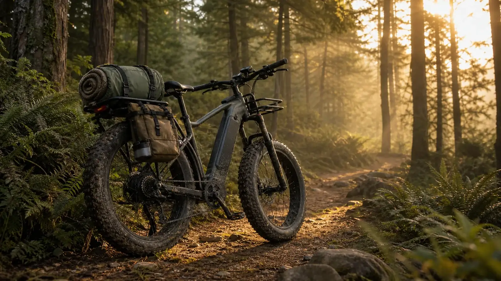 Fat tire electric hunting bike on a backcountry forest trail at sunrise