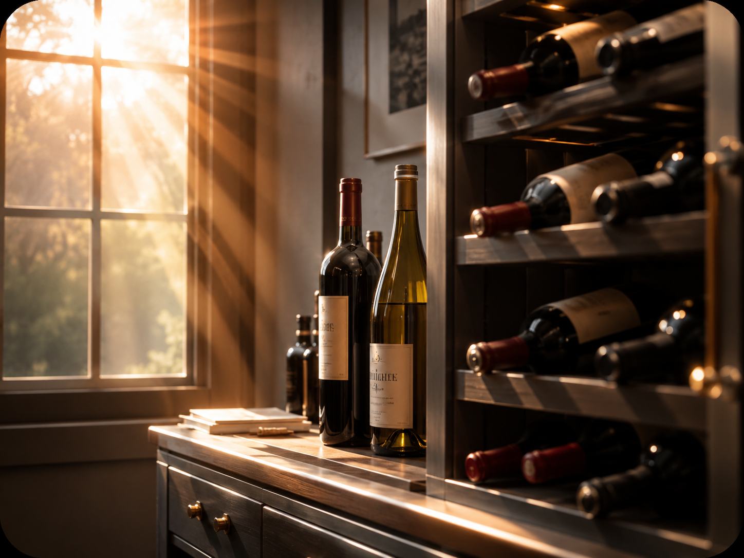 Wine bottles exposed to direct golden sunlight