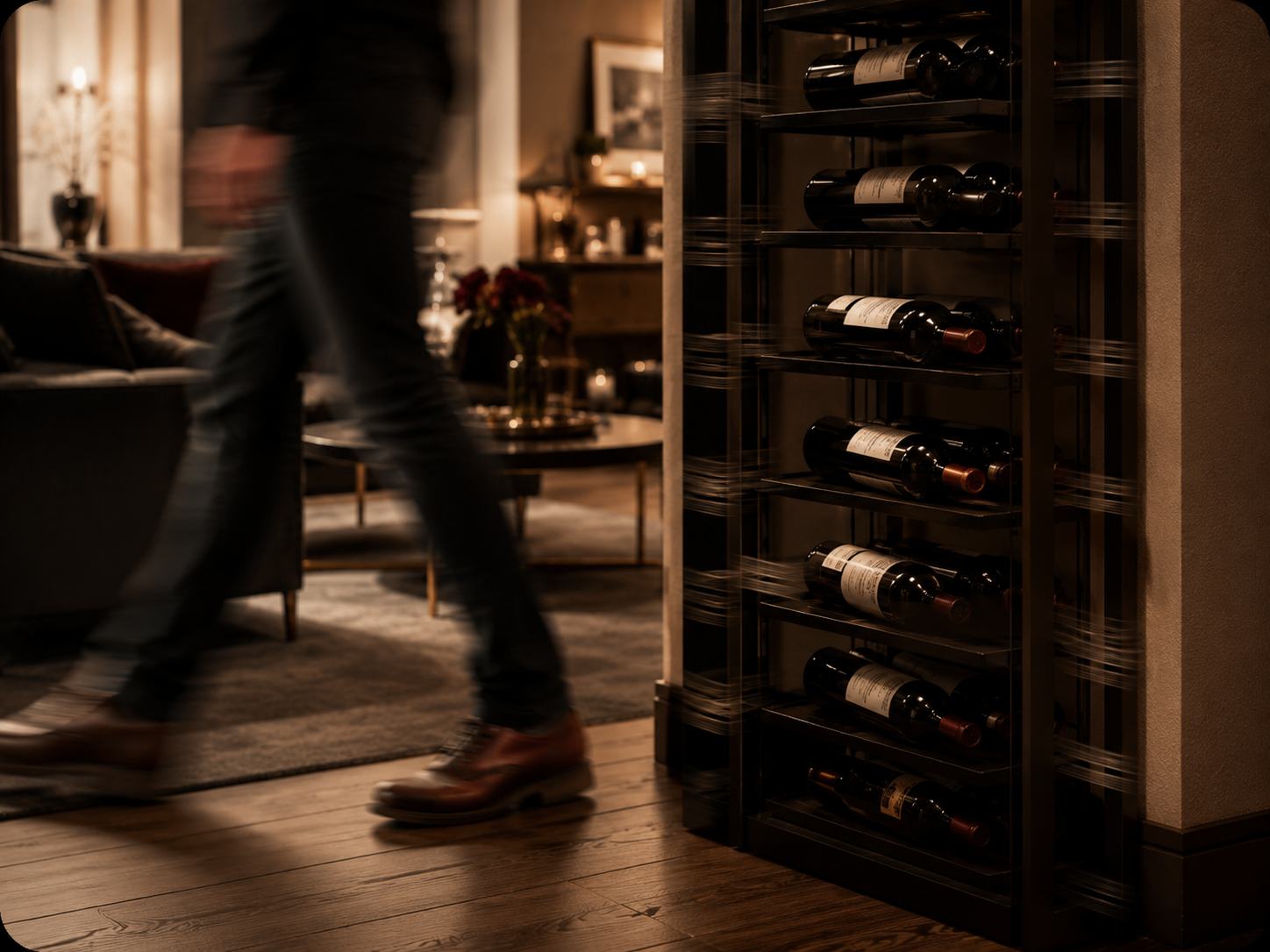 Wine bottles near a vibrating high-traffic living area